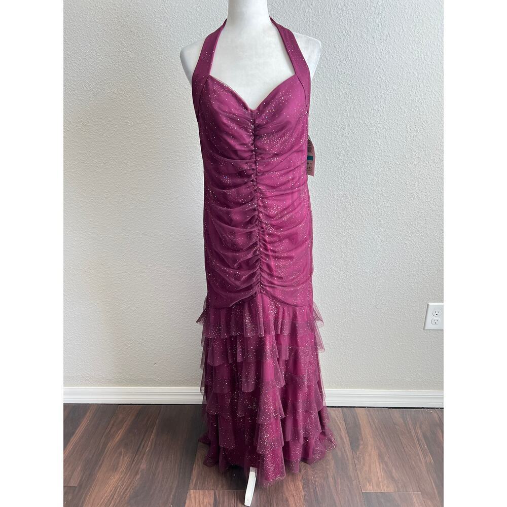 New Ignite Evenings Formal Dress Women's 16 Purple Glitter Maxi Halter Ruched